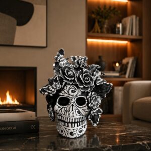 Handmade Mexican Clay Skull, Michoacán Day of the Dead Folk Art, Barro Decor with Flowers and Butterflies, Dia de los Muertos Calavera Altar