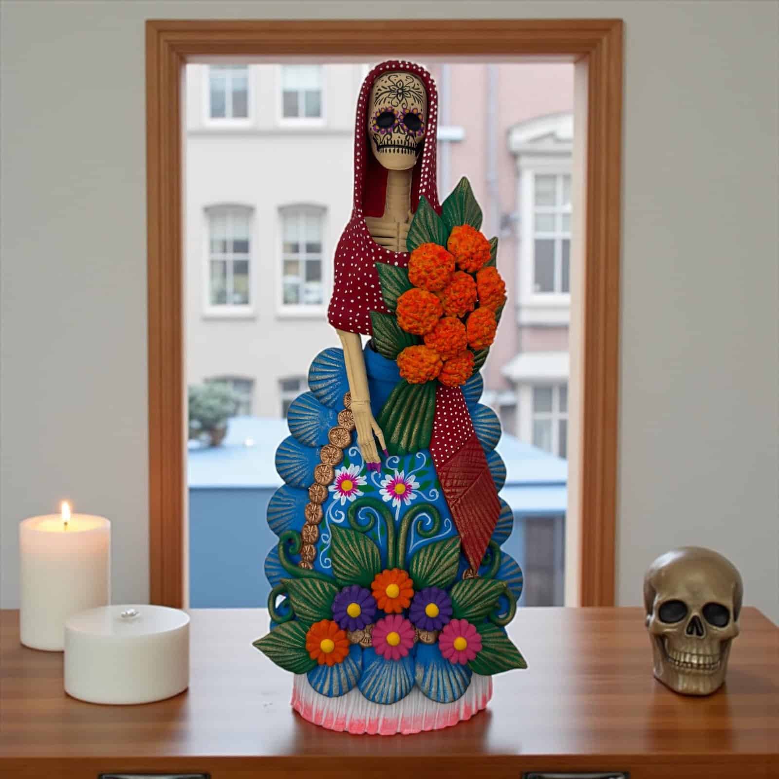 Catrina Skull Frida Kahlo Doll  Michoacan Mexico Made by Artisans Day Of The Dead  Human Skeleton  Mexican Decorations  Sugar Skull 13” T - Image 1
