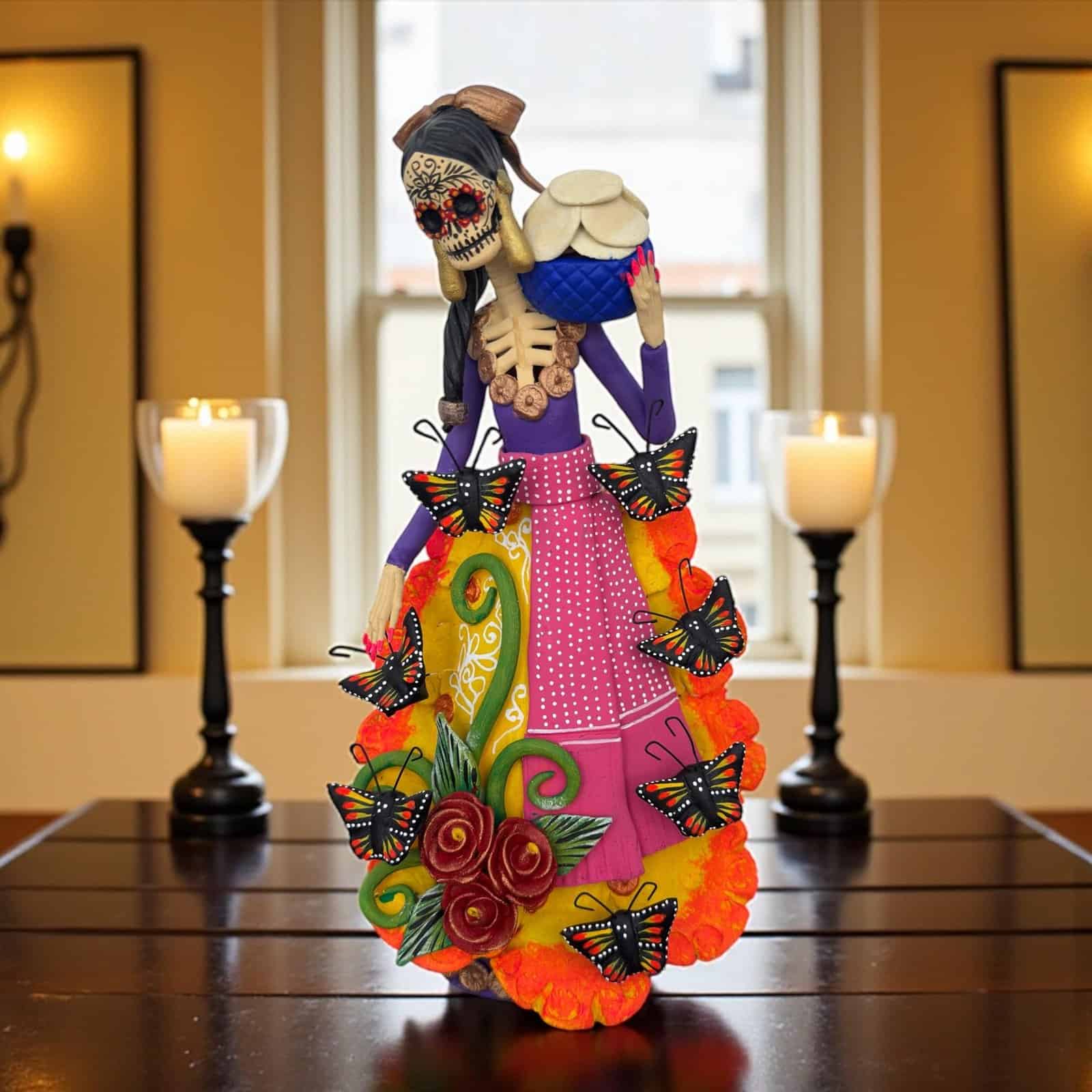 Catrina Skull Frida Kahlo Doll  Michoacan Mexico Made by Artisans Day Of The Dead  Human Skeleton  Mexican Decorations  Sugar Skull 13” T - Image 1