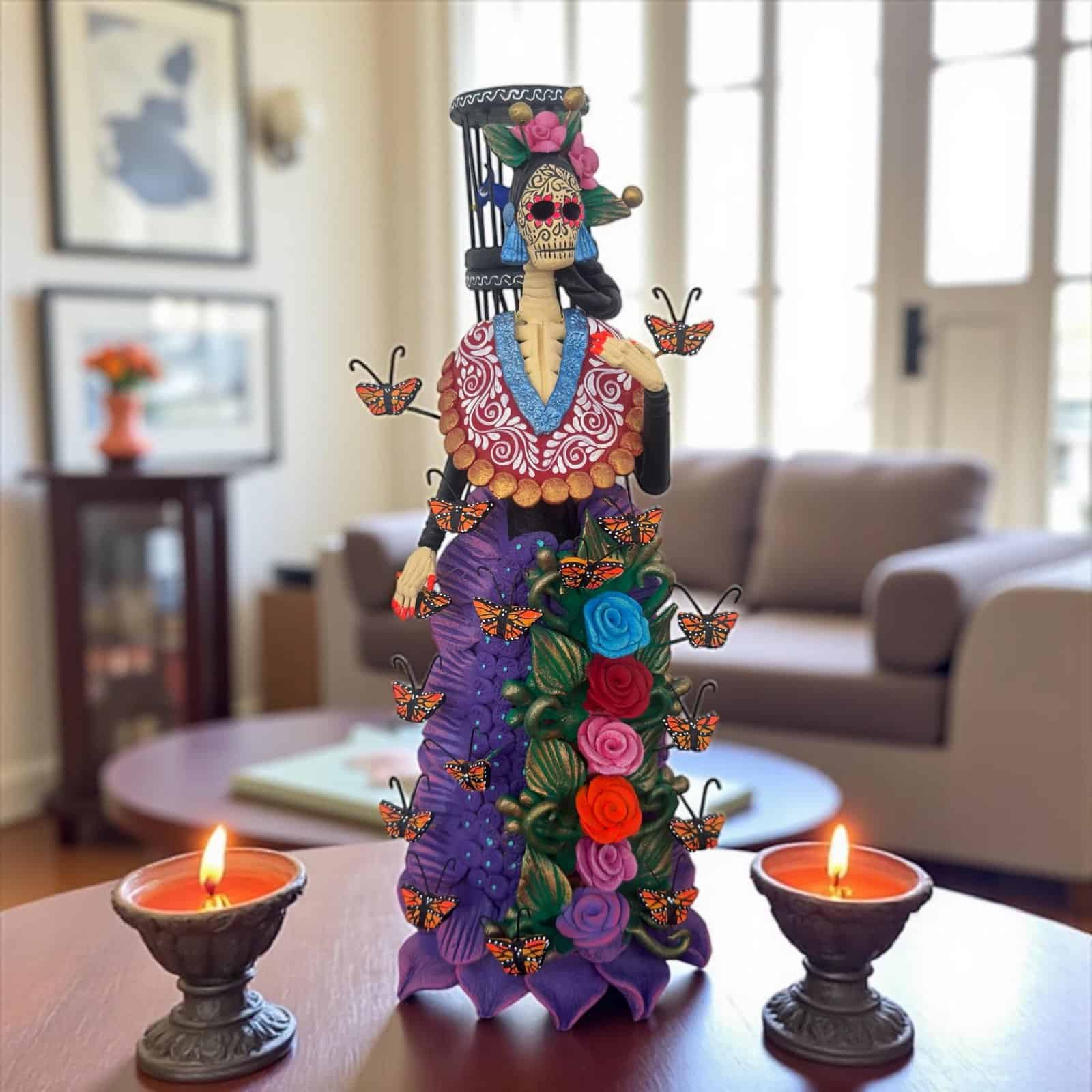 Catrina Skull Frida Kahlo Doll  Michoacan Mexico Made by Artisans Day Of The Dead  Human Skeleton  Mexican Decorations  Sugar Skull 16” T - Image 1