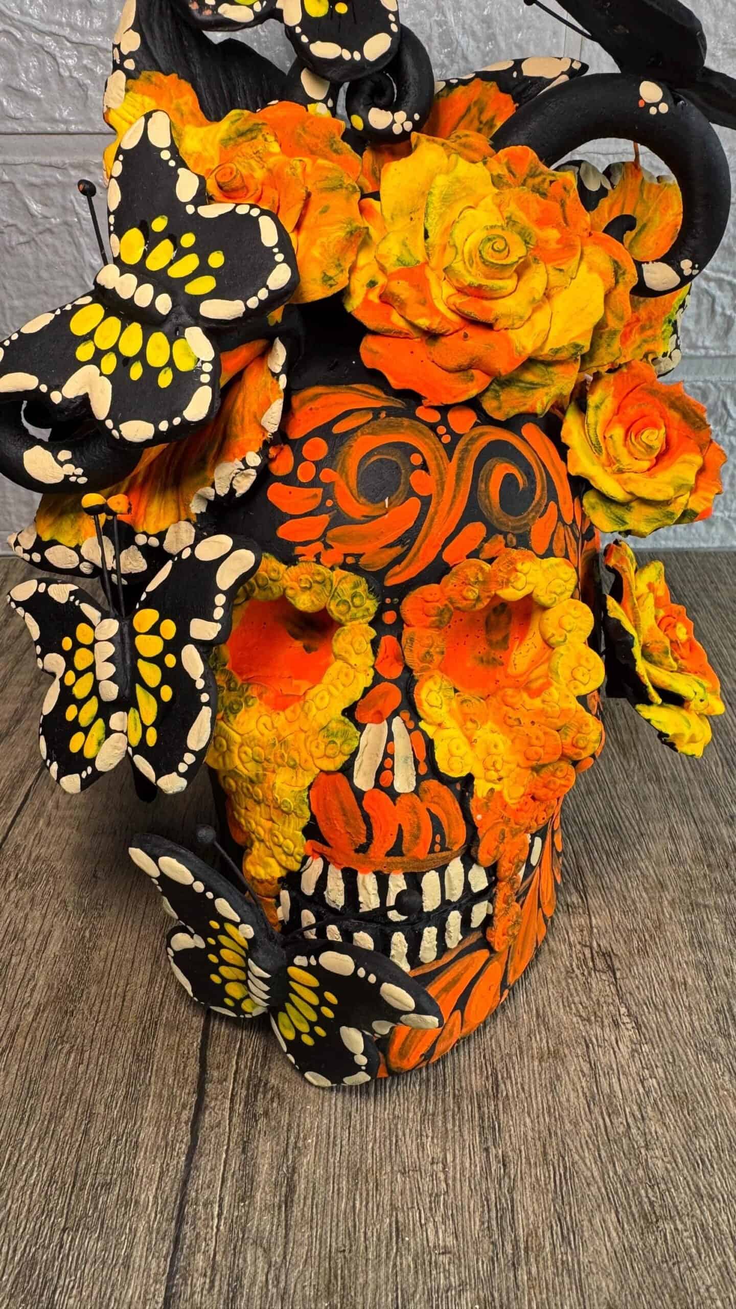 Handmade Mexican Clay Skull, Michoacán Day of the Dead Folk Art, Barro Decor with Flowers and Butterflies, Dia de los Muertos Calavera Altar - Image 2