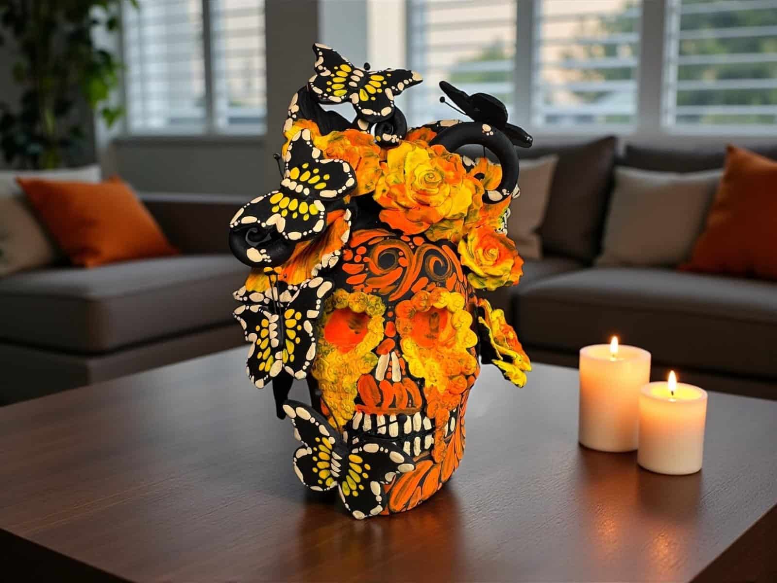 Handmade Mexican Clay Skull, Michoacán Day of the Dead Folk Art, Barro Decor with Flowers and Butterflies, Dia de los Muertos Calavera Altar - Image 1