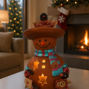 Snowman Sculpture Handmade Metepec, Christmas Decor For Girt, Tea Light,  Candle Holder, Folk Art Figurine, Frosty, Muñeco De Nieve