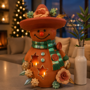 Snowman Sculpture Handmade Metepec, Christmas Decor For Girt, Tea Light,  Candle Holder, Folk Art Figurine, Frosty, Muñeco De Nieve