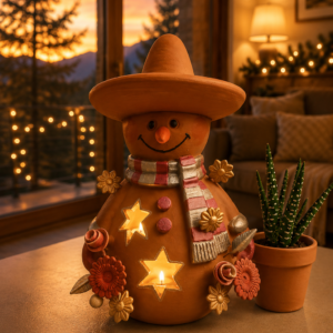 Snowman Sculpture Handmade Metepec, Christmas Decor For Girt, Tea Light,  Candle Holder, Folk Art Figurine, Frosty, Muñeco De Nieve