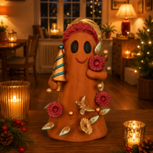Handmade Mexican Christmas Ghost Sculpture, Clay Holiday Figurine, Metepec Pottery Art, Unique Christmas Home Decor