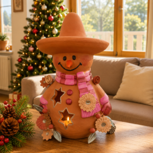 Snowman Sculpture Handmade Metepec, Christmas Decor For Girt, Tea Light,  Candle Holder, Folk Art Figurine, Frosty, Muñeco De Nieve