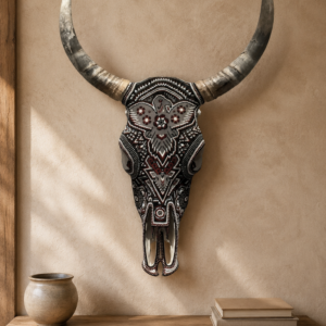Bull Sculpture Huichol Statue Of Mexican Folk Art, Cow Wixarika As A Mexican Decorative Figure, Made Of Beads On Real Skull. “We Customize”