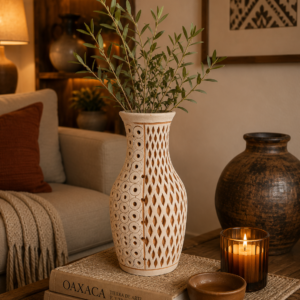 Handmade Clay Vase Santa María Atzompa Oaxaca, White And Brown Mexican Pottery, Rustic Boho Home Decor, Ceramic Planter Or Candle Holder