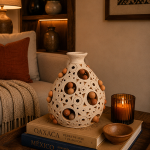 Handmade Clay Vase Santa María Atzompa Oaxaca, White And Brown Mexican Pottery, Rustic Boho Home Decor, Ceramic Planter Or Candle Holder