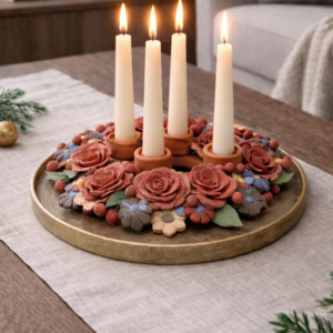 Corona De Adviento (4) Clay Handmade Candle Holder Advent Wreath with Colorful Flowers- Artisan Clay Centerpiece for Christmas Celebrations