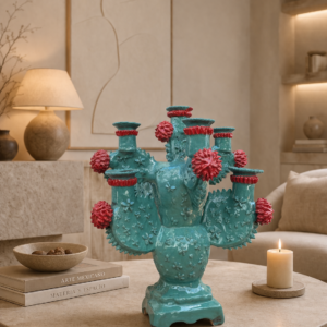 Large Nopal Candle Holder Glazed From Michoacan Made Of Clay Home Decor Centerpiece, Holds 7  Candles, Prickly Pear Modern Or Vintage Piece