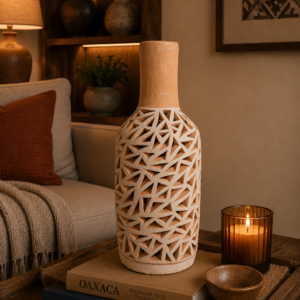Handmade Clay Vase Santa María Atzompa Oaxaca, White And Brown Mexican Pottery, Rustic Boho Home Decor, Ceramic Planter Or Candle Holder