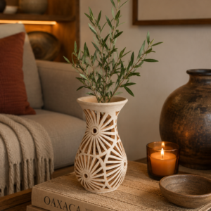 Handmade Clay Vase Santa María Atzompa Oaxaca, White And Brown Mexican Pottery, Rustic Boho Home Decor, Ceramic Planter Or Candle Holder