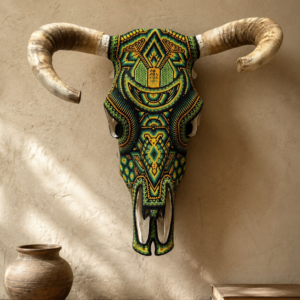 Bull Sculpture Huichol Statue Of Mexican Folk Art, Cow Wixarika  Made Of Beads On Real Skull