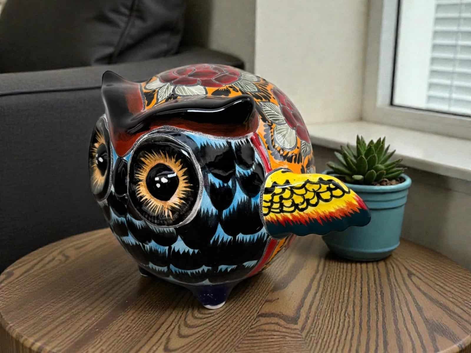 Talavera Owl Figurine  Handmade Ceramic Pottery Artisan Decorative Bird from Puebla  Hand Painted Folk Art  Home Decor Boho Animal Sculpture - Image 1