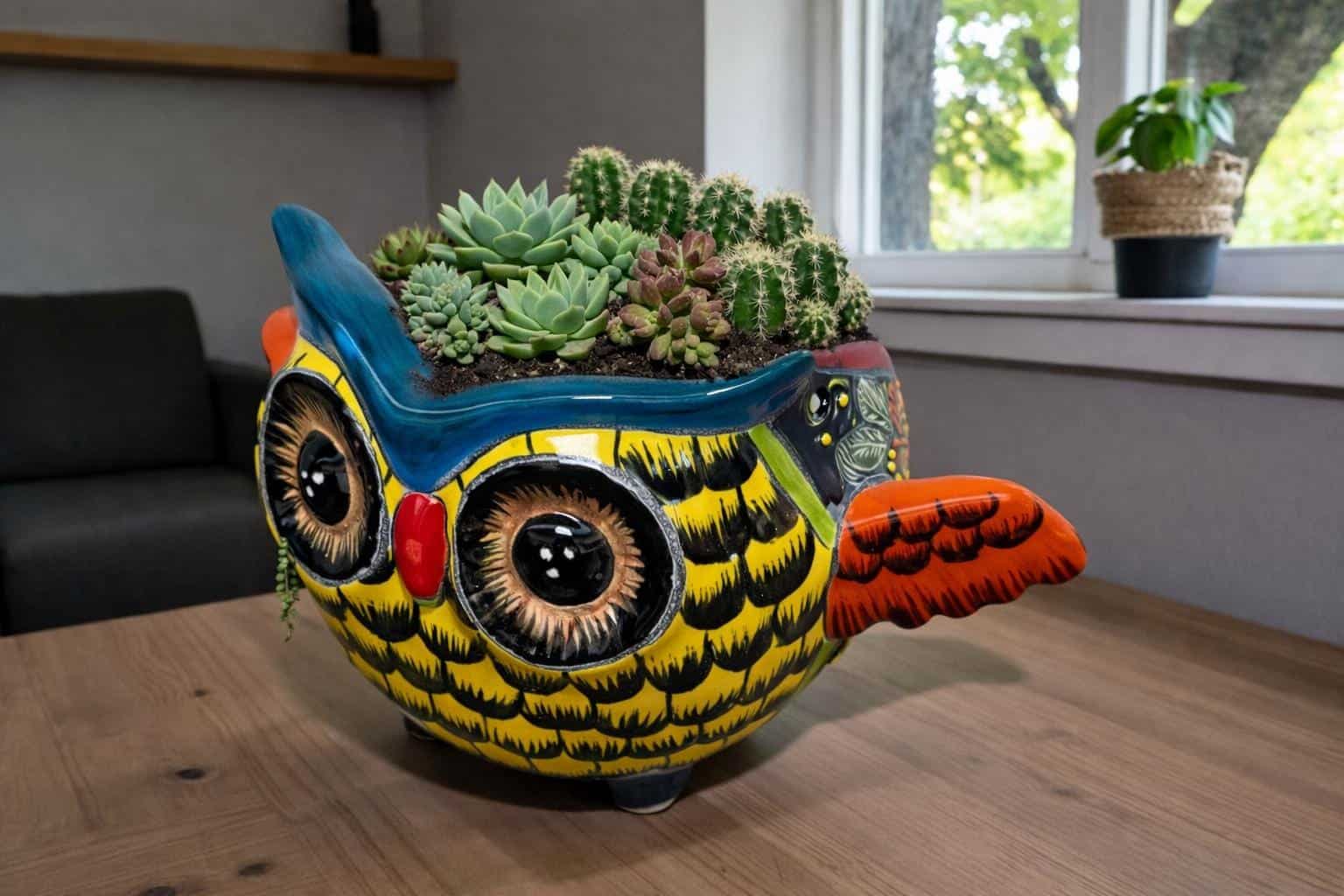 Talavera Planter Pot Owl Figurine  Handmade Ceramic Pottery Artisan  Bird  Puebla  Hand Painted Folk Art  Home Decor Boho Animal Sculpture - Image 1