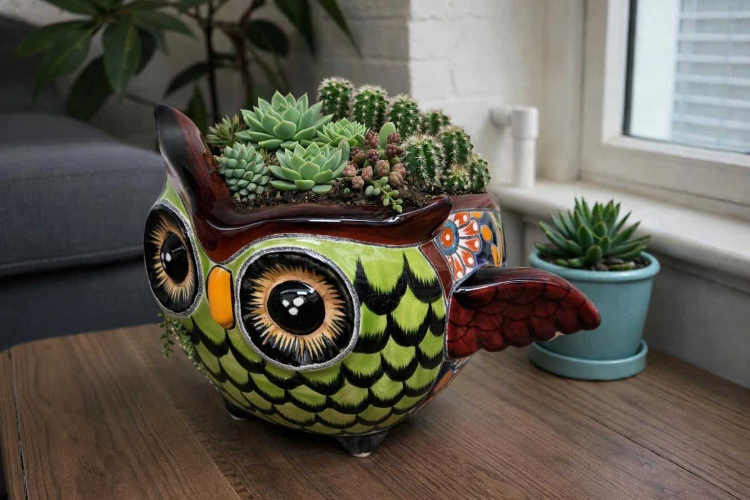 Talavera Planter Pot Owl Figurine  Handmade Ceramic Pottery Artisan  Bird  Puebla  Hand Painted Folk Art  Home Decor Boho Animal Sculpture - Image 1
