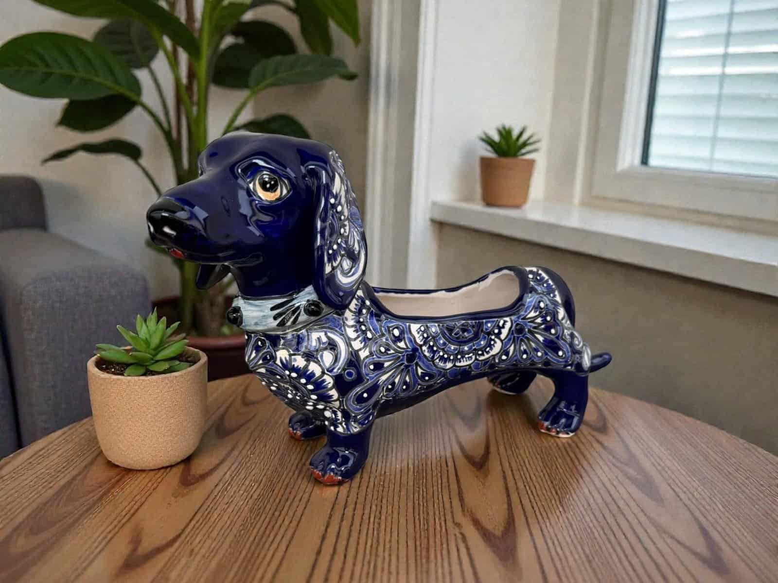 Talavera Dachshund Scupture Planter Pot Ceramic Dog, Talavera Pottery, Puebla Mexican Pottery, Dachshund Statue, Hand Painted  Home Decor - Image 1