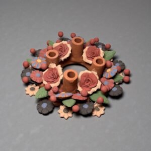 Corona De Adviento (4) Clay Handmade Candle Holder Advent Wreath with Colorful Flowers- Artisan Clay Centerpiece for Christmas Celebrations