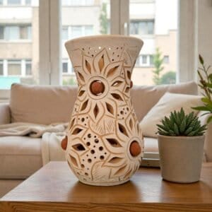 Handmade Clay Vase Santa María Atzompa Oaxaca, White And Brown Mexican Pottery, Rustic Boho Home Decor, Ceramic Planter Or Candle Holder