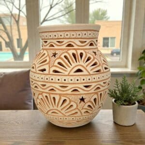 Handmade Clay Vase Santa María Atzompa Oaxaca, White And Brown Mexican Pottery, Rustic Boho Home Decor, Ceramic Planter Or Candle Holder
