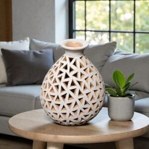 Handmade Clay Vase Santa María Atzompa Oaxaca, White And Brown Mexican Pottery, Rustic Boho Home Decor, Ceramic Planter Or Candle Holder