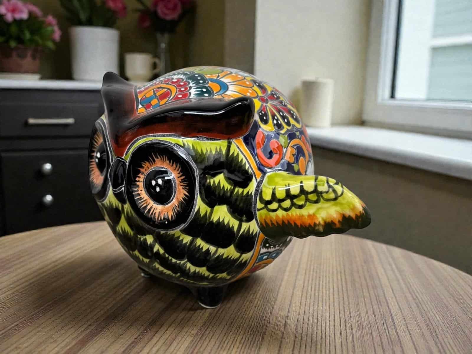 Talavera Owl Figurine  Handmade Ceramic Pottery Artisan Decorative Bird from Puebla  Hand Painted Folk Art  Home Decor Boho Animal Sculpture - Image 1