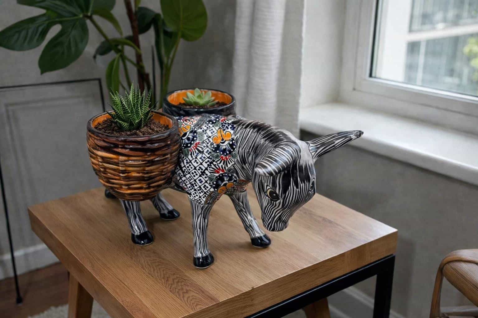 Donkey Pot Planter (2) Talavera  Figurine  Ceramic Pottery Artisan Hand Painted Farmhouse Decor Vibrant Folk Art from Puebla  Decor Burrito - Image 2