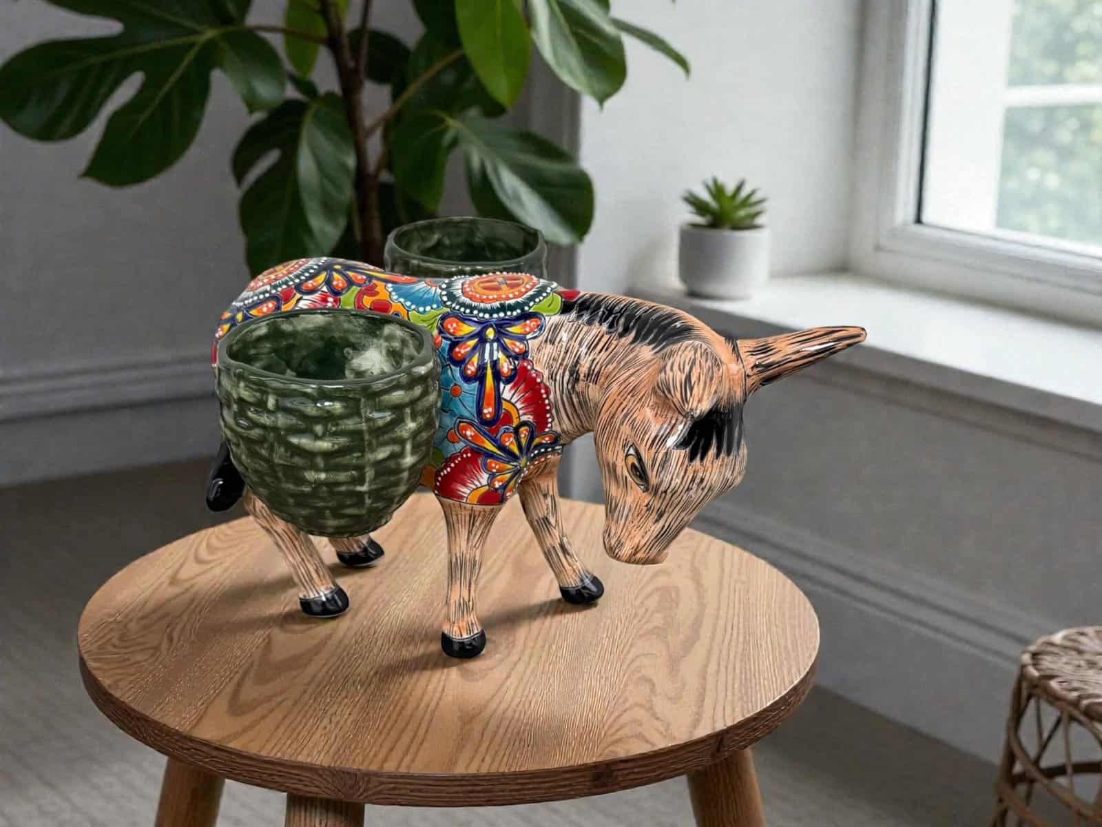 Donkey Pot Planter (2) Talavera  Figurine  Ceramic Pottery Artisan Hand Painted Farmhouse Decor Vibrant Folk Art from Puebla  Decor Burrito - Image 1