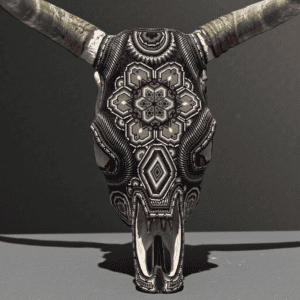 Bull Sculpture Huichol Statue Of Mexican Folk Art, Cow Wixarika  Made Of Beads On Real Skull