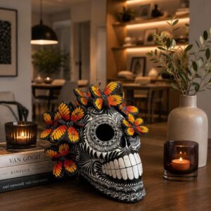 Day Of The Dead Skull With Monarch Butterflies, Mexican Folk Art Decor, Black And White Sugar Skull Sculpture, Dia De Muertos
