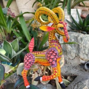 Ram Bighorn Sheep Figurine Mexican Folk Art Alebrije Statue, Wooden Deer As Mexican Decoration Sculpture, Made Of Wood And Carved By Hand