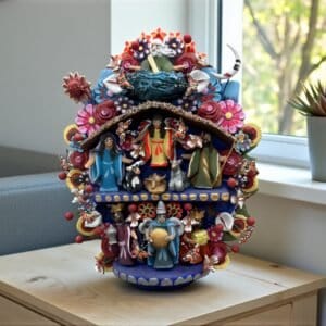 Mexican Tree Of Life Nativity Scene With Three Wise Men, Handcrafted Clay Sculpture, Religious Christmas Decor, Metepec Folk Art,