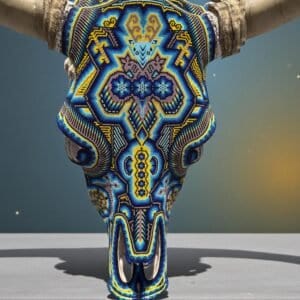 Bull Sculpture Huichol Statue Of Mexican Folk Art, Cow Wixarika As A Mexican Decorative Figure, Made Of Beads On Real Skull. “We Customize”