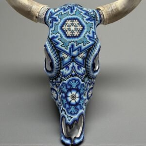 Bull Sculpture Huichol Statue Of Mexican Folk Art, Cow Wixarika As A Mexican Decorative Figure, Made Of Beads On Real Skull. “We Customize”