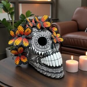Day Of The Dead Skull With Monarch Butterflies, Mexican Folk Art Decor, Black And White Sugar Skull Sculpture, Dia De Muertos