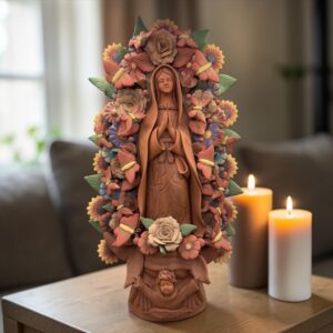 XL Handmade Clay Virgin Mary Sculpture, Mexican Folk Art, 23.7"
