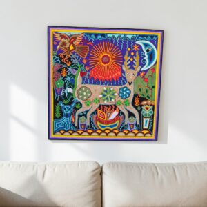 Huichol Yarn Art Deer And Sun, Mexican Folk Wall Art, Wixárika Handmade Art, Colorful Decor, 24 x 24