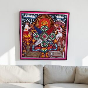 Huichol Yarn Deer Rituals Beeswax Base Vibrant Wall Decor, Mexican Nayarit Ancestral Hancrafted  Art, Wixarika Culture Abstract 24” x 24”