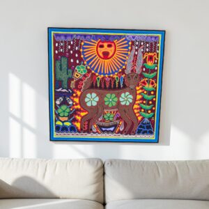 Huichol Yarn Art Deer And Sun, Mexican Folk Wall Art, Wixárika Handmade Art, Colorful Decor, 24 x 24