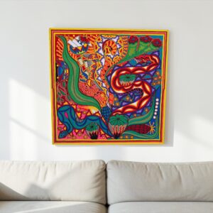Huichol Yarn Art Snakes And Corn, Mexican Folk Wall Art, Wixárika Handmade Art, Vibrant Mexican Decor, 24 x 24