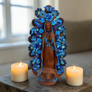 XL Handmade Clay Virgin Mary Sculpture, Mexican Folk Art, 23.7"