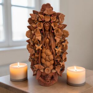 XL Handmade Clay Virgin Mary Sculpture, Mexican Folk Art, 23.7"