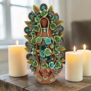 XL Handmade Clay Virgin Mary Sculpture, Mexican Folk Art, 23.7"
