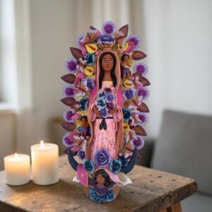 XL Handmade Clay Virgin Mary Sculpture, Mexican Folk Art, 27.5
