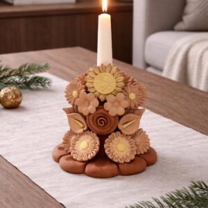 Handmade Clay Candle Holder from Oaxaca, Mexico Terracotta Floral Barro Decor, Mexican Folk Art Centerpiece Flower Design Porta velas
