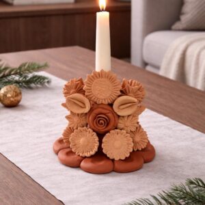 Handmade Clay Candle Holder from Oaxaca, Mexico Terracotta Floral Barro Decor, Mexican Folk Art Centerpiece Flower Design Porta velas