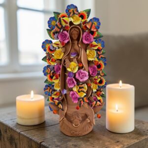 XL Handmade Clay Virgin Mary Sculpture, Mexican Folk Art, 23.7"