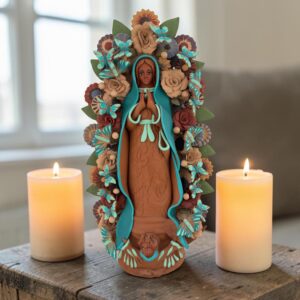 XL Handmade Clay Virgin Mary Sculpture, Mexican Folk Art, 23.7"